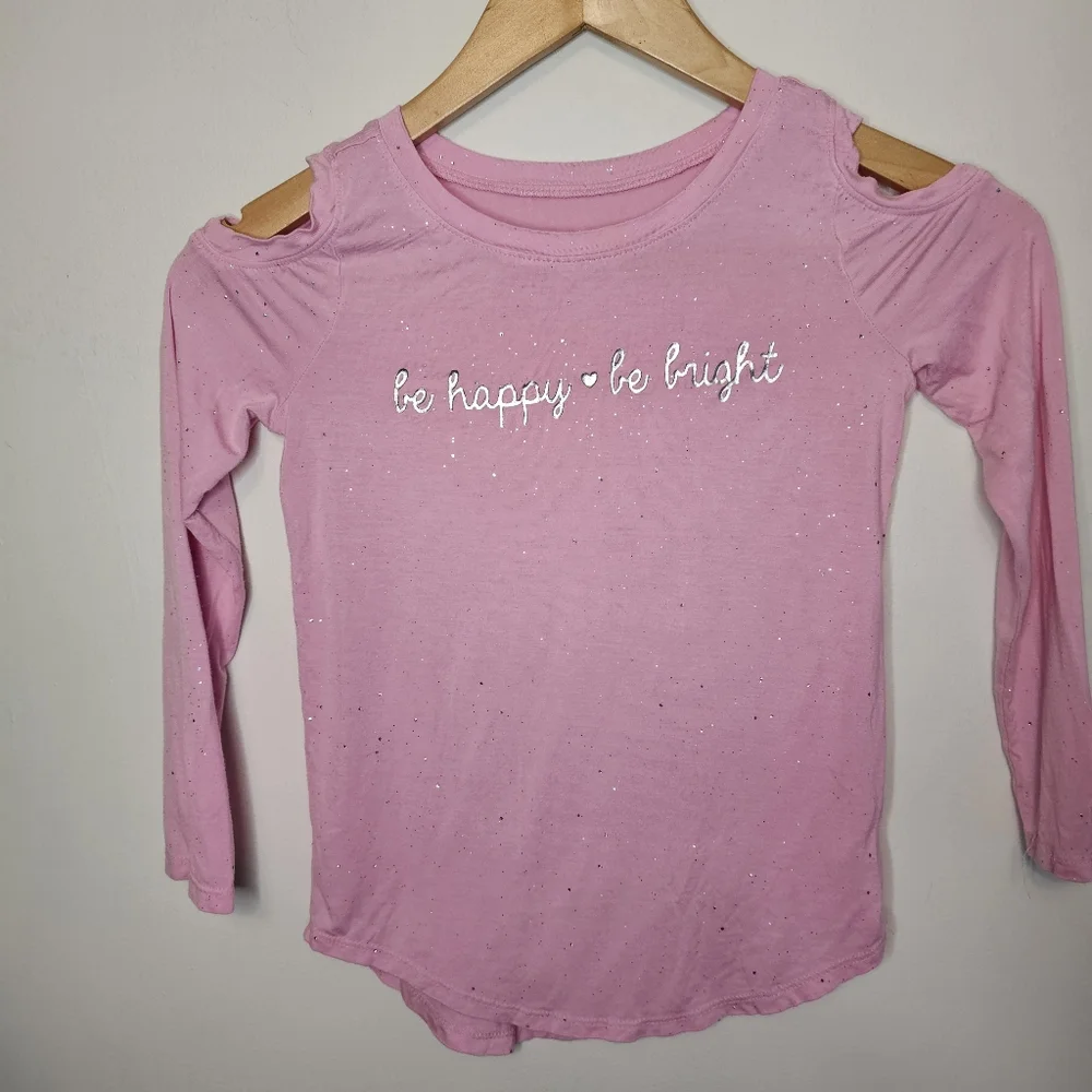 Justice Girls Pink Cold Shoulder Long Sleeve Top Size 6 Glitter Sparkle Graphic